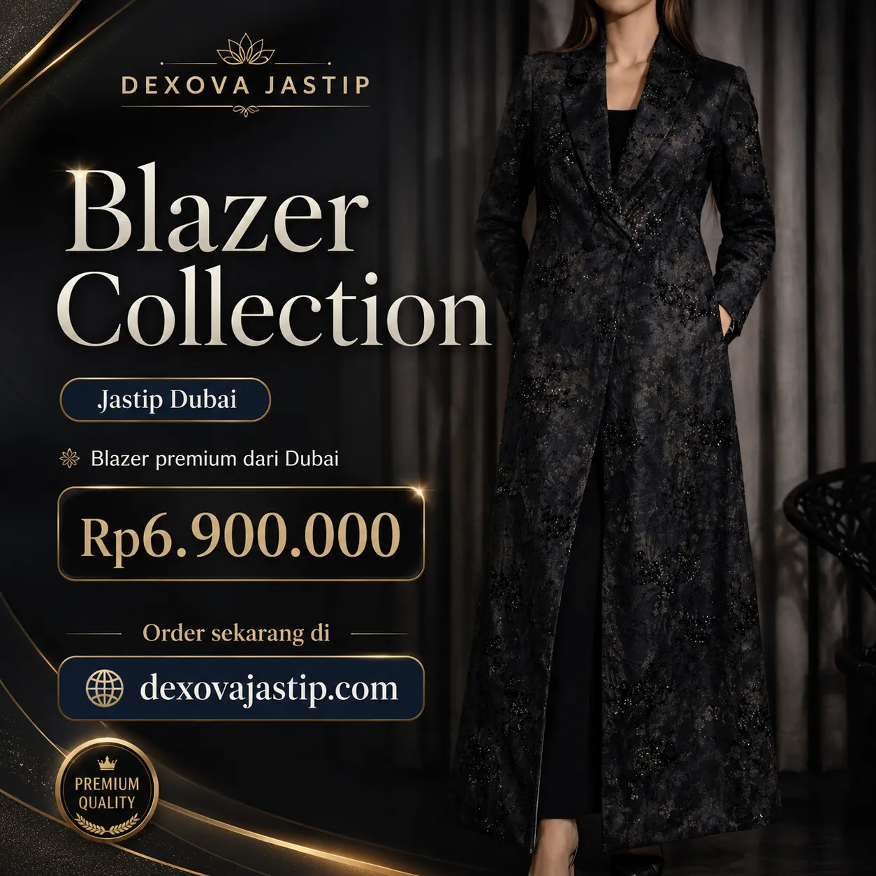 Blazer panjang hitam dengan detail brokat dan payet