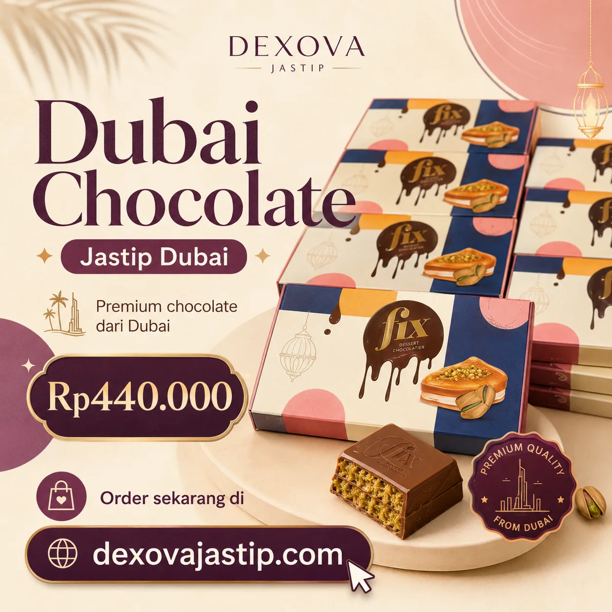 Kotak Dubai Chocolate FIX Dessert Chocolatier dengan isian pistachio
