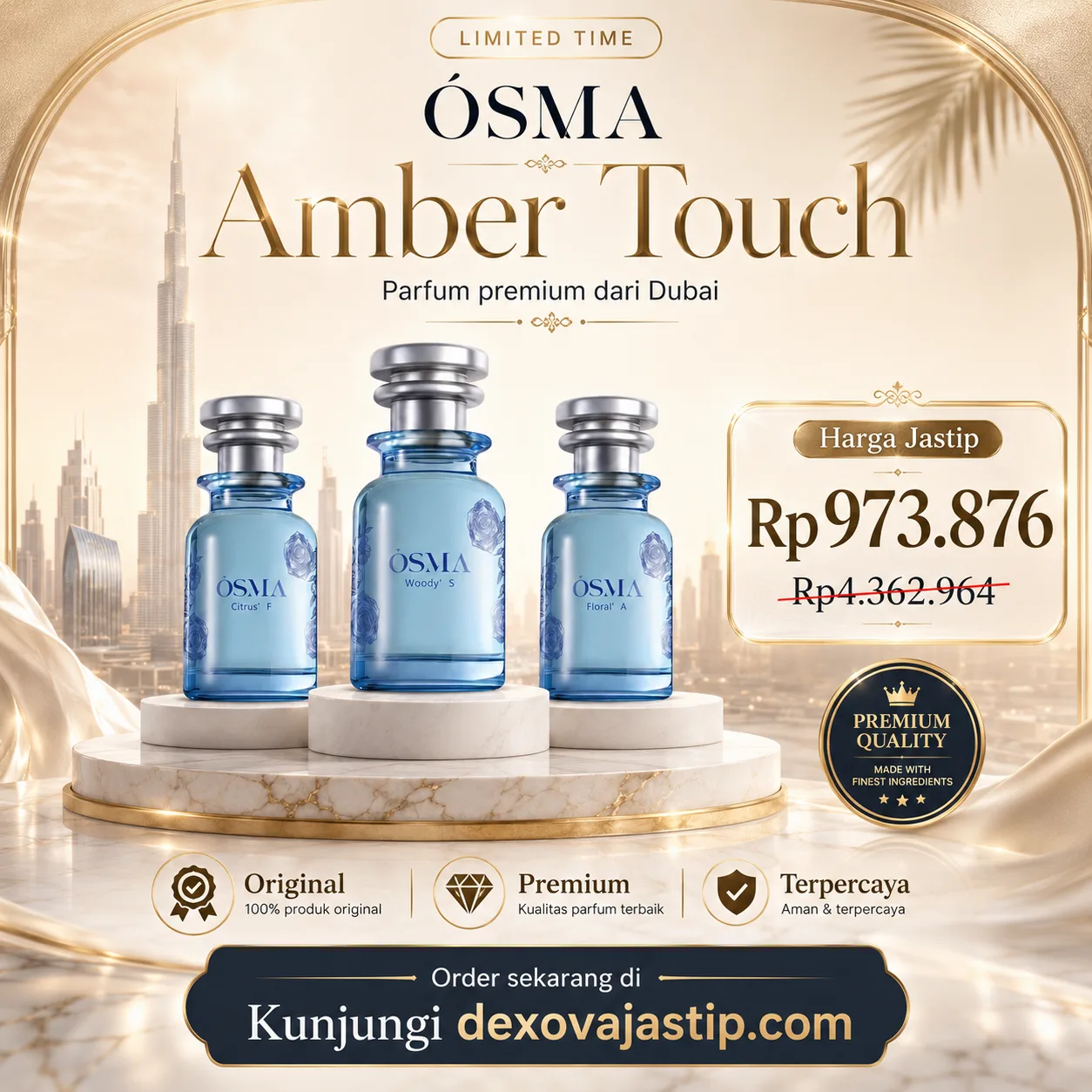 Tiga botol parfum OSMA Amber Touch di atas podium marmer