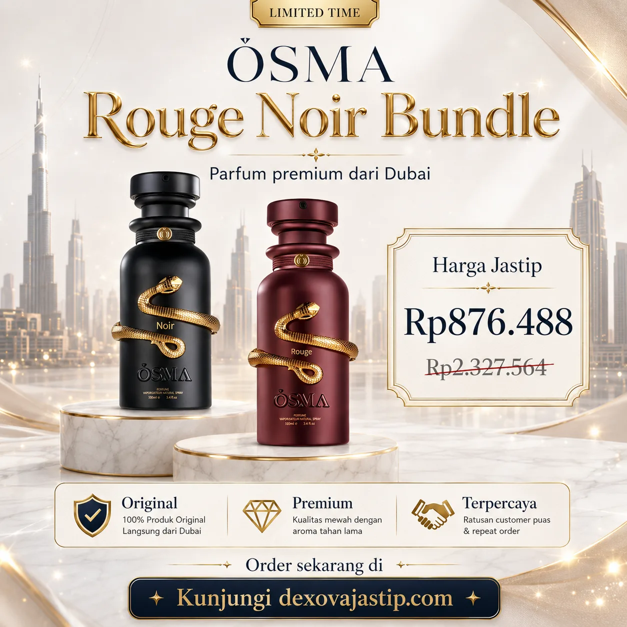 Dua botol parfum OSMA Noir dan Rouge dengan aksen ular emas