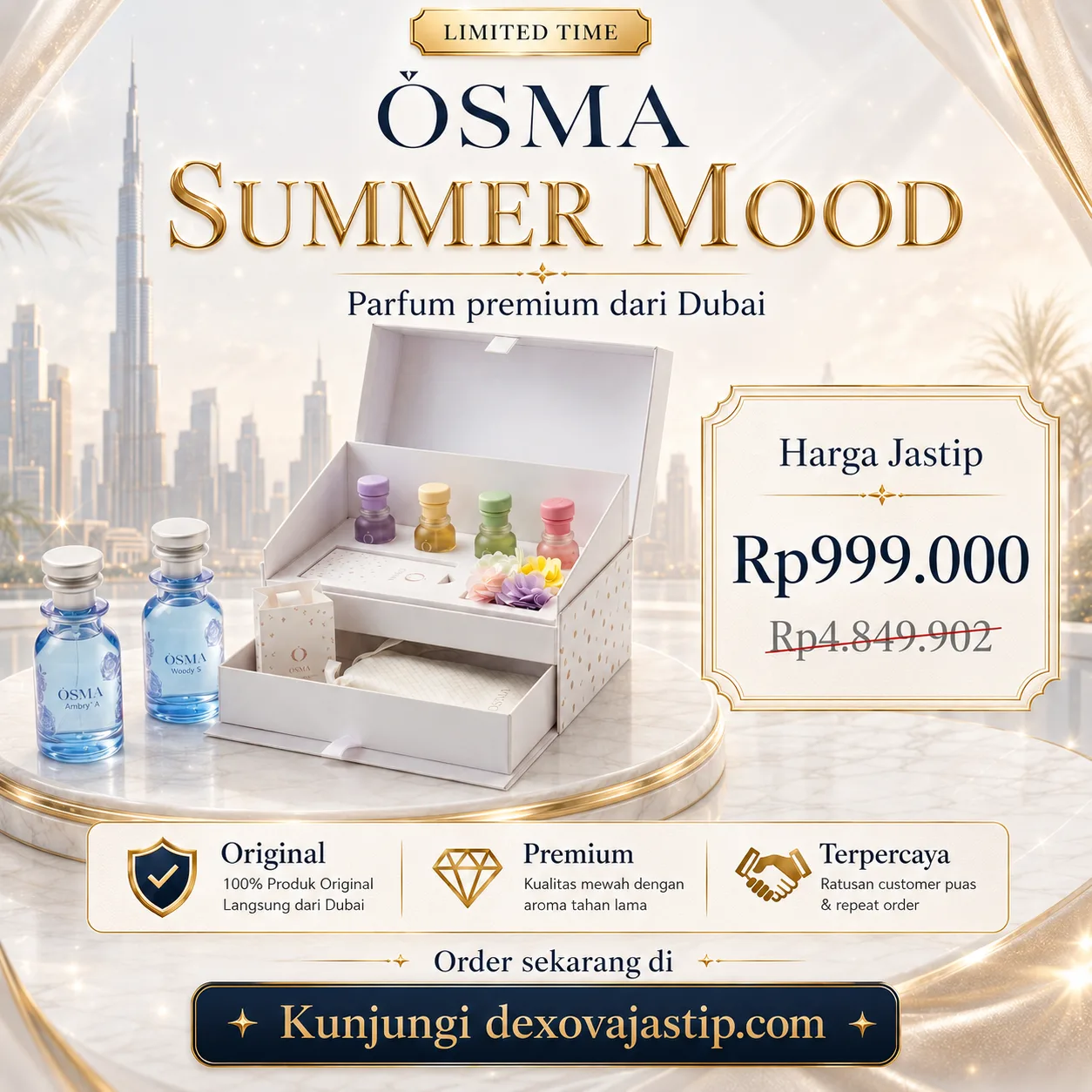 Kotak hadiah OSMA Summer Mood berisi miniatur parfum dan dua botol ukuran penuh