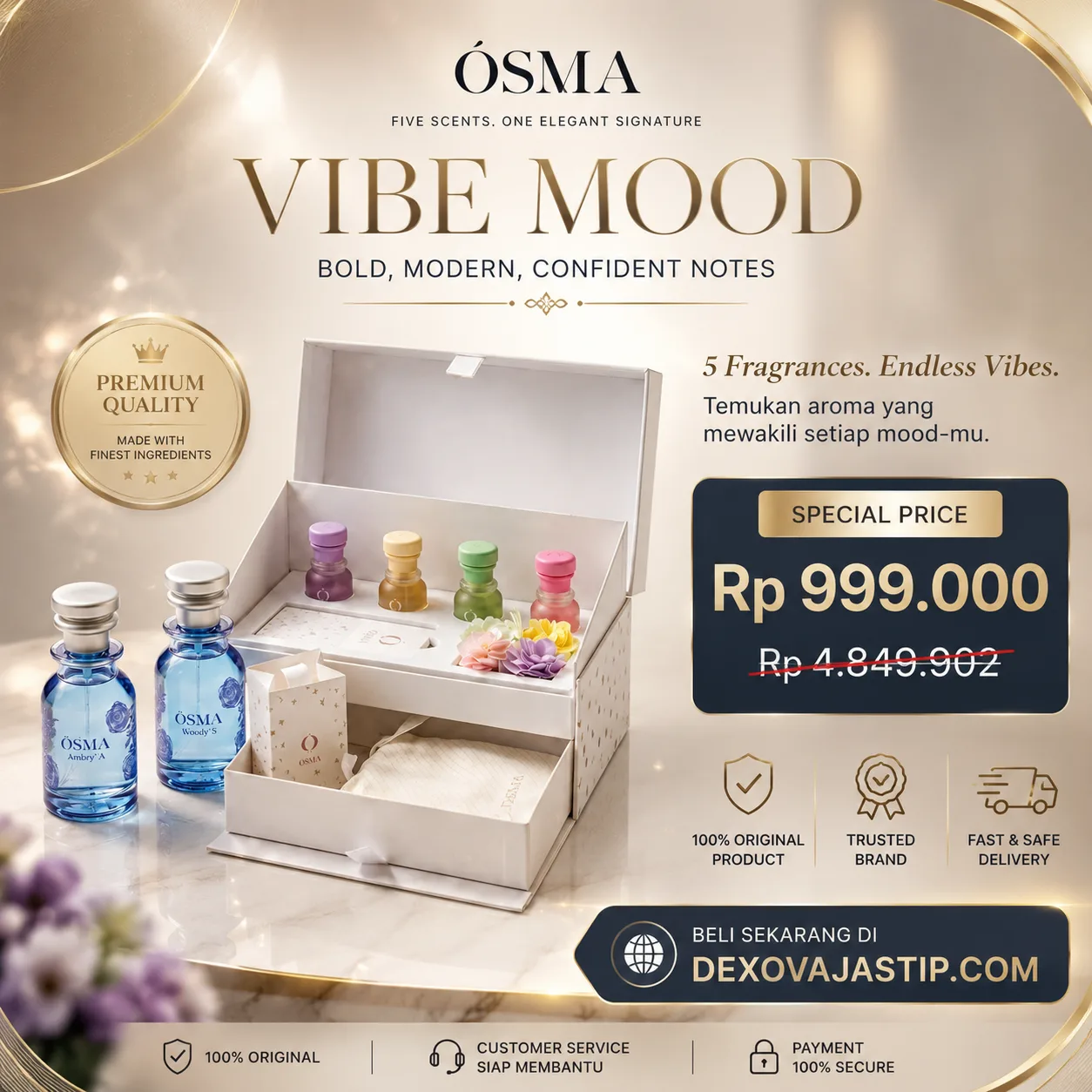 Kotak set parfum OSMA Vibe Mood berisi lima wangi